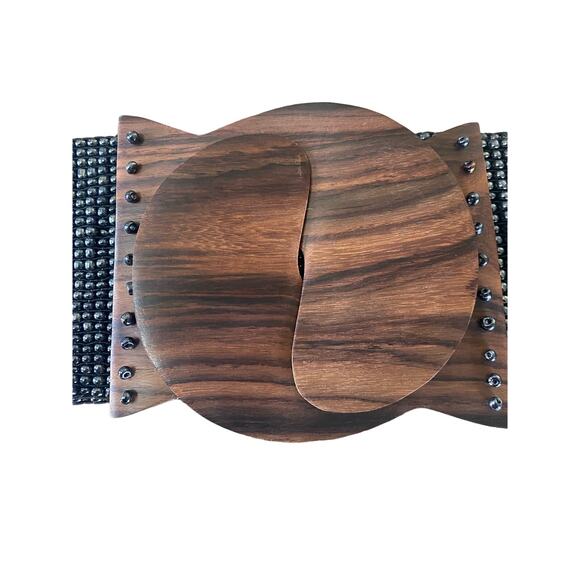 Women’s Silver Beaded Stretch Comfort 2 Piece Wooden Brown Buckle Belt XL - Picture 2 of 7